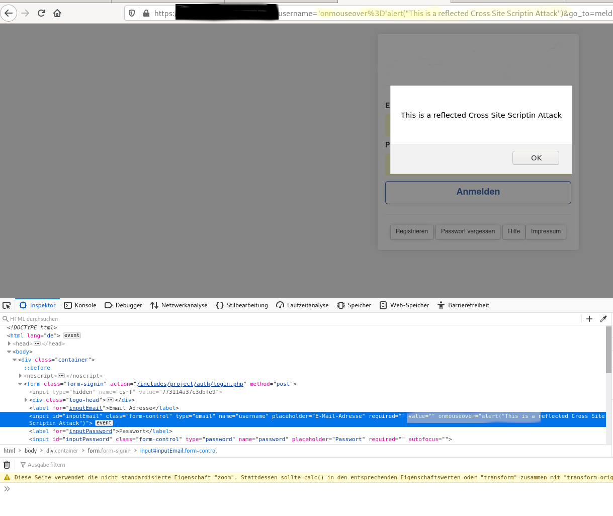 Anmeldemaske mit vorbelegtem Nutzernamen, der aus dem Queryparameter übernommen wird