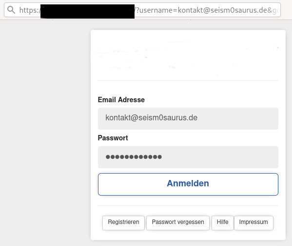 Anmeldemaske mit vorbelegtem Nutzernamen, der aus dem Queryparameter übernommen wird